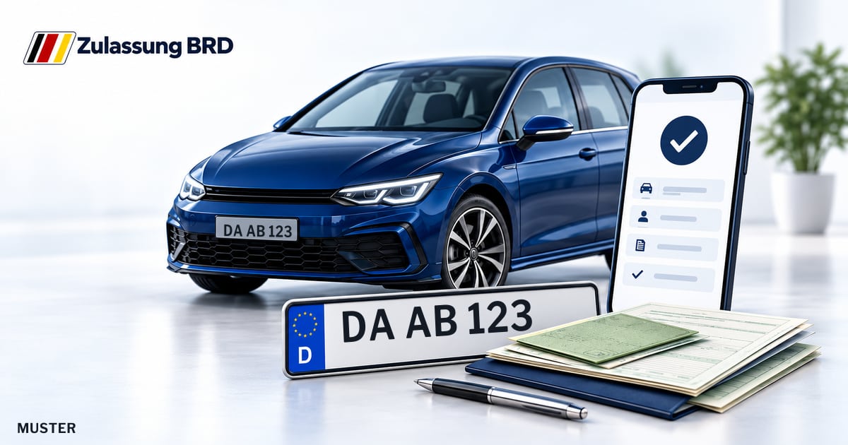 Online Fahrzeugzulassung in Otzberg: Musterkennzeichen DA AB 123, Auto und Fahrzeugpapiere und Smartphone. Illustration mit Logo von Zulassung BRD.